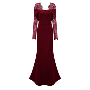 Georgiana Burgundy Lace Panel Flared Maxi Gown