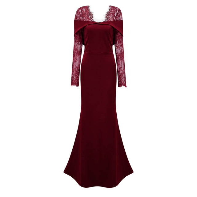 Georgiana Burgundy Lace Panel Flared Maxi Gown