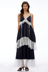 Geraldine Navy Blue Ruffled Maxi Dress with Lace Trim