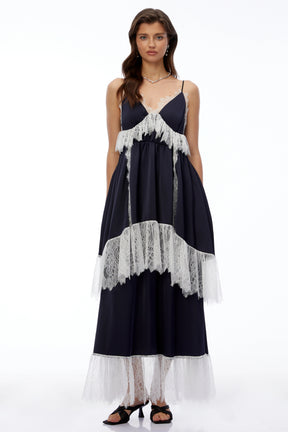 Geraldine Navy Blue Ruffled Maxi Dress with Lace Trim