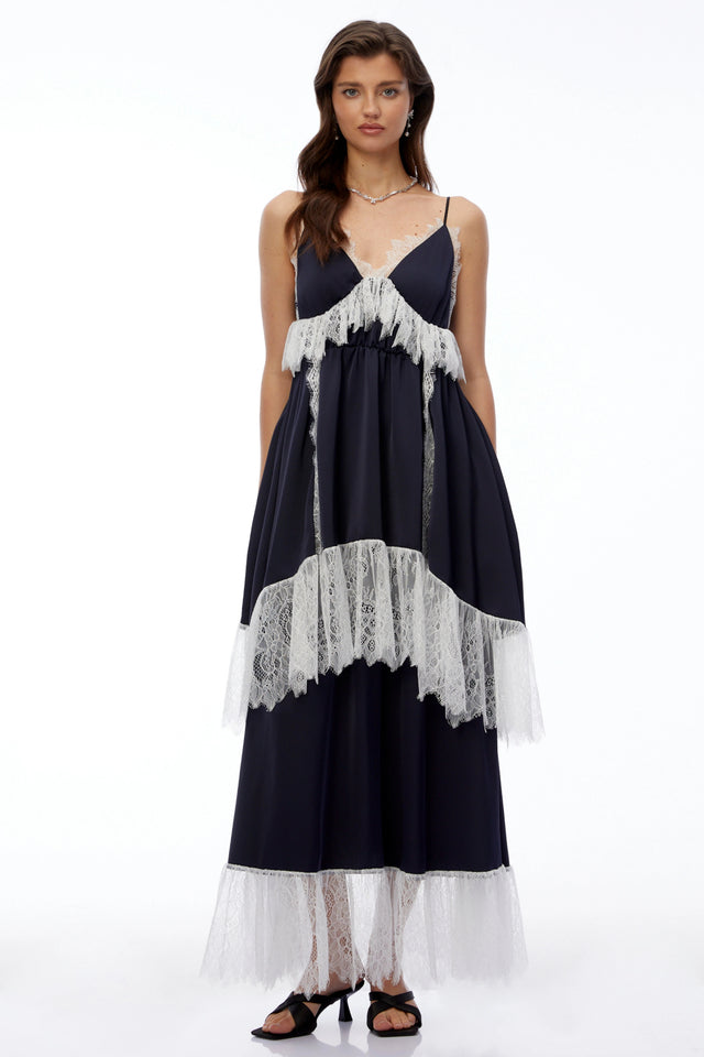 Geraldine Navy Blue Ruffled Maxi Dress with Lace Trim