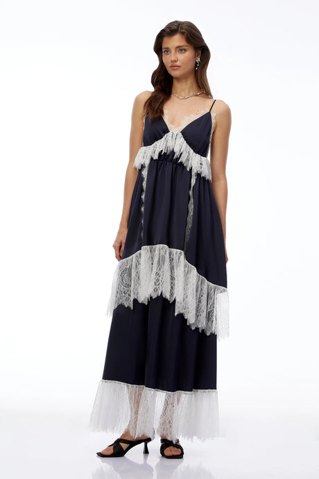 Michela Maxi Dress Navy Blue Ruffled with Lace Trim