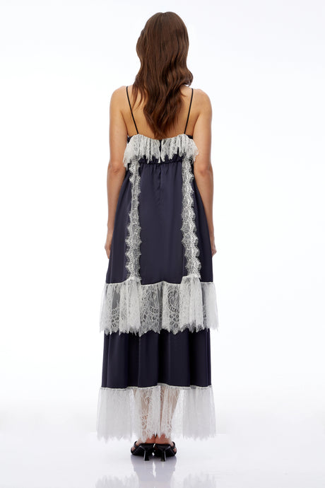 Michela Maxi Dress Navy Blue Ruffled with Lace Trim