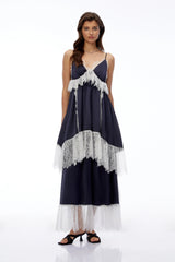 Geraldine Navy Blue Ruffled Maxi Dress with Lace Trim