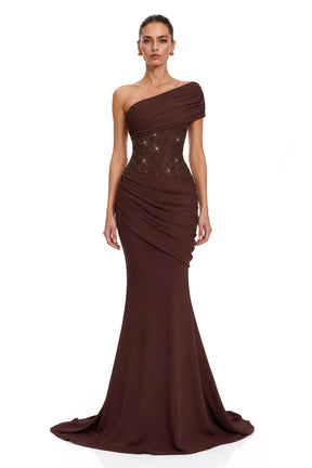 Giada Brown Sequined Asymmetrical Ruched Maxi Gown