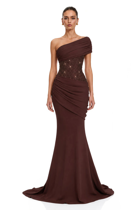 Lina Brown Sequined Asymmetrical Ruched Maxi Gown