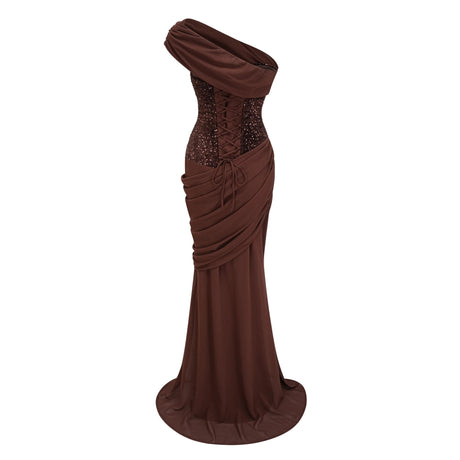 Lina Brown Sequined Asymmetrical Ruched Maxi Gown