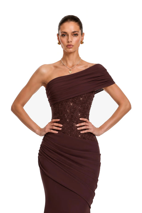Lina Brown Sequined Asymmetrical Ruched Maxi Gown