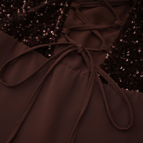 Lina Brown Sequined Asymmetrical Ruched Maxi Gown