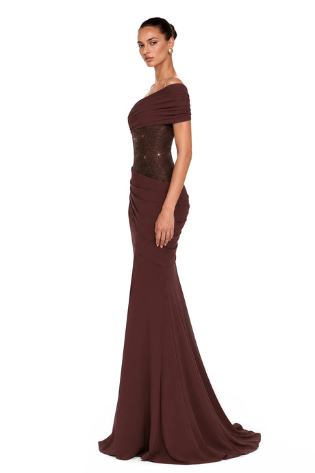 Lina Brown Sequined Asymmetrical Ruched Maxi Gown