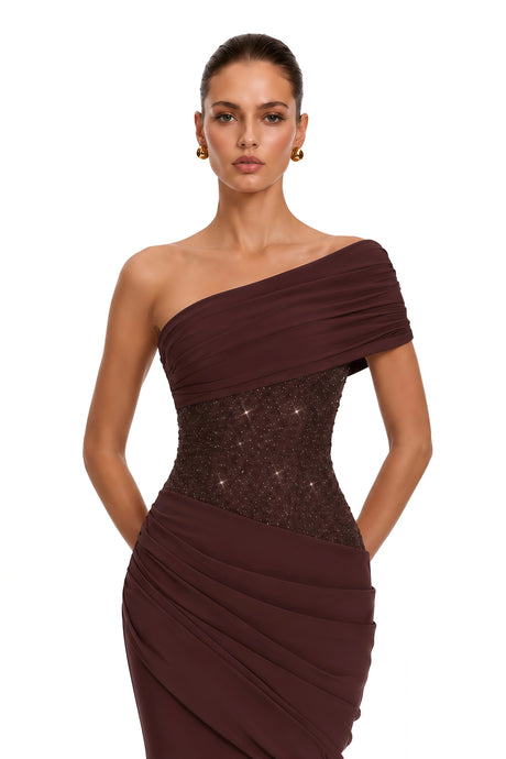 Lina Brown Sequined Asymmetrical Ruched Maxi Gown