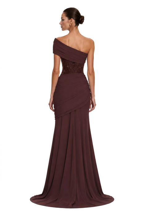 Lina Brown Sequined Asymmetrical Ruched Maxi Gown