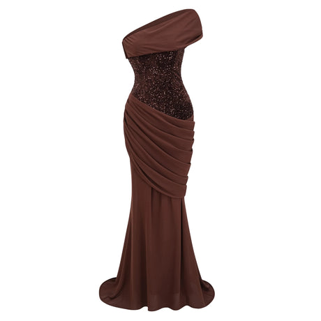 Lina Brown Sequined Asymmetrical Ruched Maxi Gown