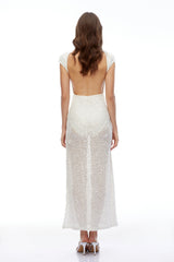 Gianna White SemiSheer Embellished Maxi Dress with Cap Sleeves