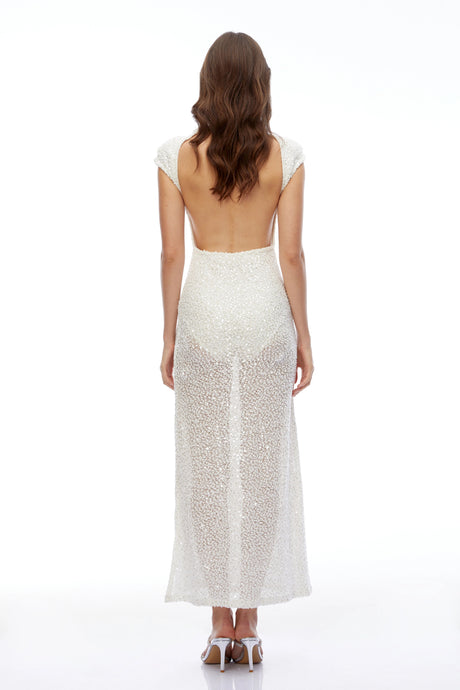 Jenna Maxi Dress White Semi-Sheer Embellished with Cap Sleeves