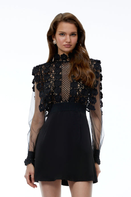 Angela Mini Dress Black Corded Lace Panel