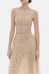 Ginetta Neutral Sequined Floral Lace Maxi Dress