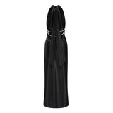 Ginevra black halterneck fauxpearl satin maxi dress