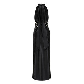 Ginevra black halterneck fauxpearl satin maxi dress