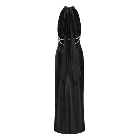 Julia maxi dress black halterneck faux-pearl satin