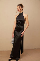 Ginevra black halterneck fauxpearl satin maxi dress