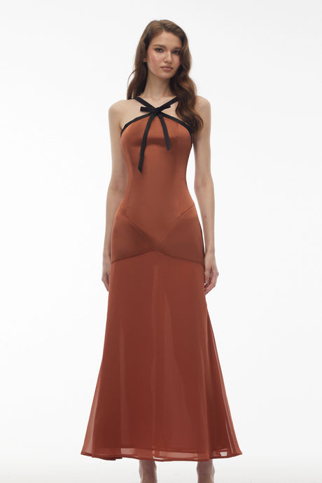 Teresa Maxi Dress Brown Halterneck with Bow