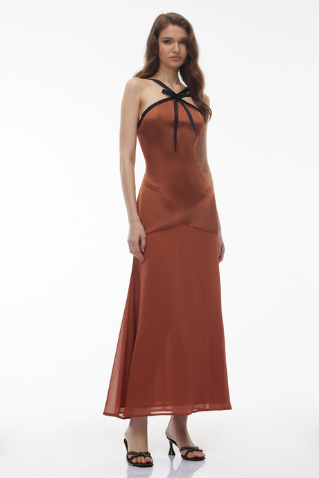 Teresa Maxi Dress Brown Halterneck with Bow