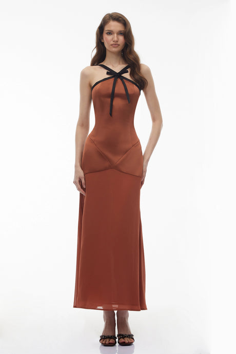 Teresa Maxi Dress Brown Halterneck with Bow