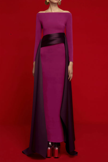 Allison Magenta Draped Stain Panel Maxi Gown