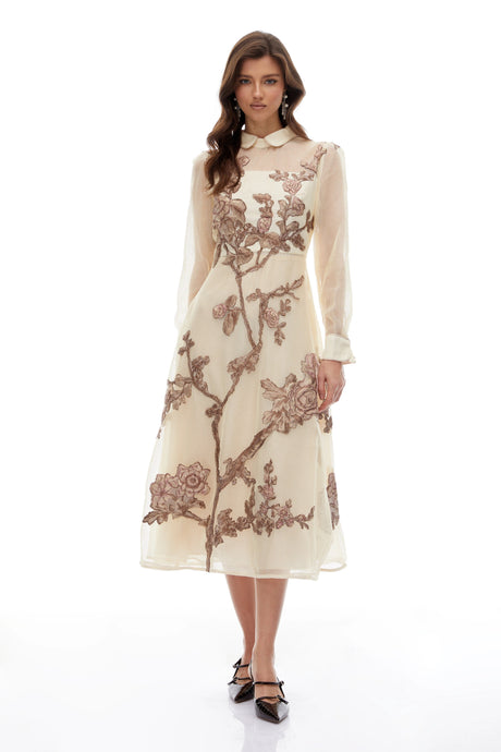 Ines Midi Dress Neutral Floral Appliqué Crochet