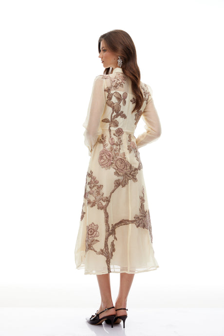 Ines Midi Dress Neutral Floral Appliqué Crochet