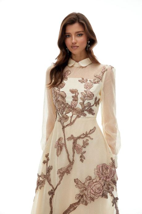 Ines Midi Dress Neutral Floral Appliqué Crochet