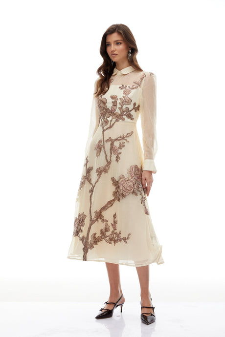 Ines Midi Dress Neutral Floral Appliqué Crochet
