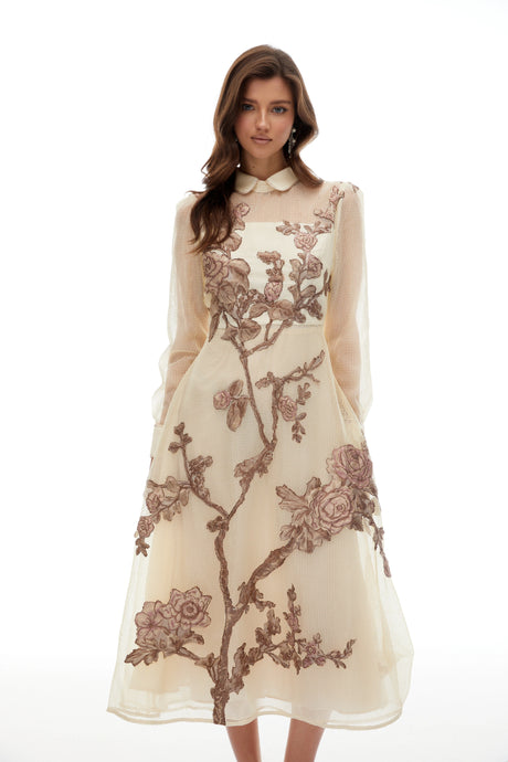 Ines Midi Dress Neutral Floral Appliqué Crochet