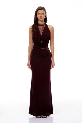 Gioconda Burgundy Halterneck Lace Panel Maxi Dress