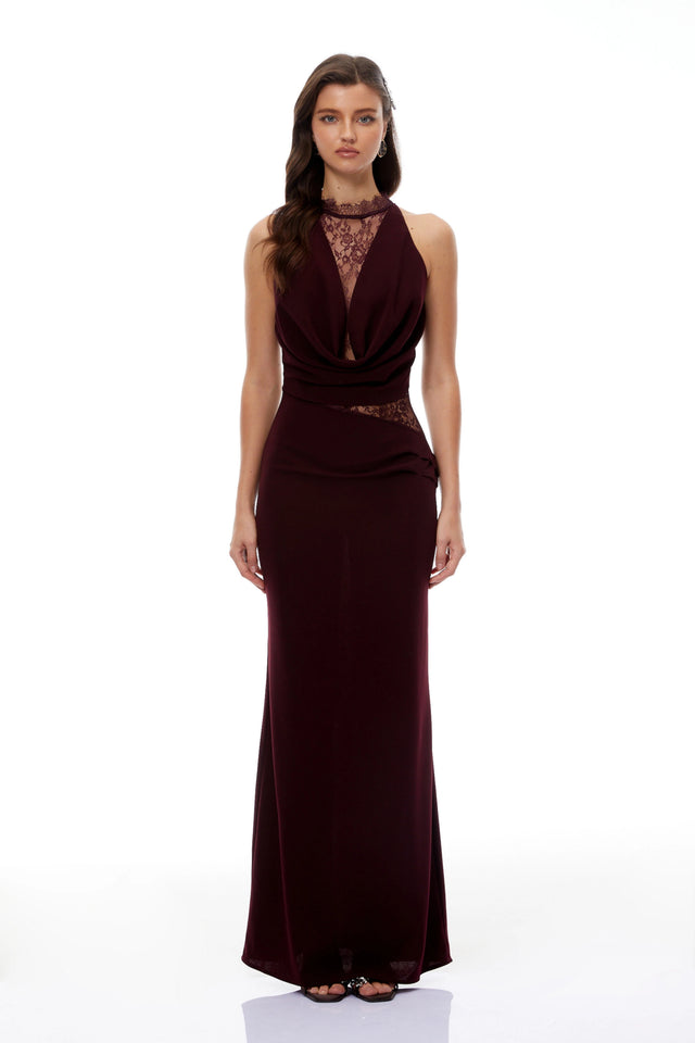 Gioconda Burgundy Halterneck Lace Panel Maxi Dress
