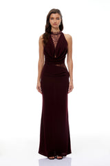 Gioconda Burgundy Halterneck Lace Panel Maxi Dress