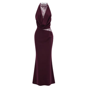 Gioconda Burgundy Halterneck Lace Panel Maxi Dress