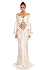 Gioconda White Off Shoulder Maxi Dress with Lace Panels