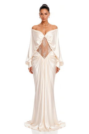 Gioconda White Off Shoulder Maxi Dress with Lace Panels