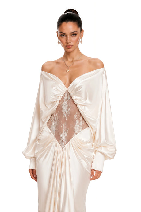 Ambrogina Maxi Dress White Off Shoulder with Lace Panels