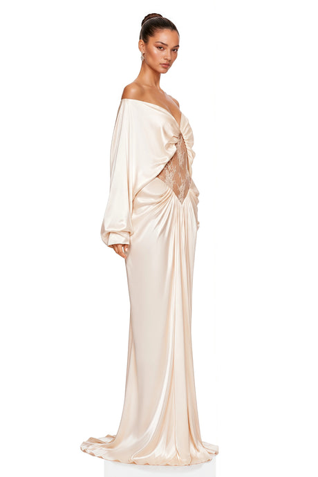 Ambrogina Maxi Dress White Off Shoulder with Lace Panels