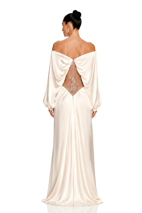 Ambrogina Maxi Dress White Off Shoulder with Lace Panels
