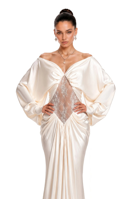 Ambrogina Maxi Dress White Off Shoulder with Lace Panels