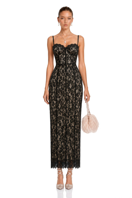 Rossella Maxi Dress Black Floral Lace Corset