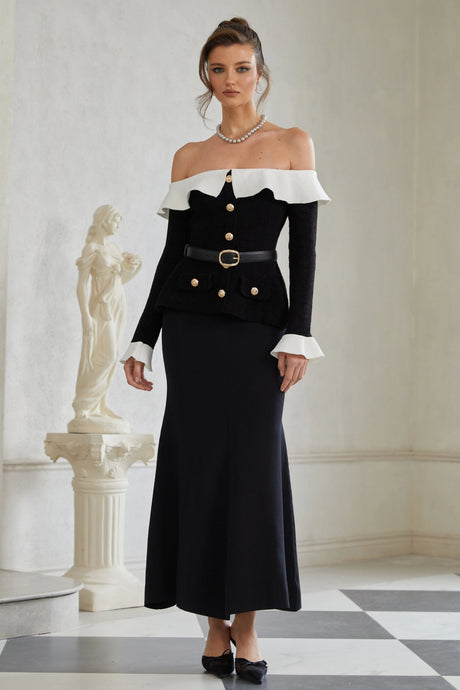 Emma Maxi Dress Black Ruffled Trim Knit
