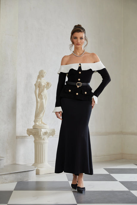 Emma Maxi Dress Black Ruffled Trim Knit
