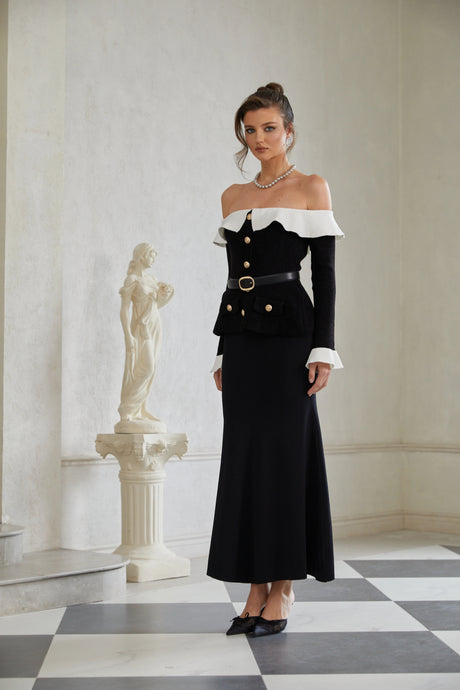 Emma Maxi Dress Black Ruffled Trim Knit