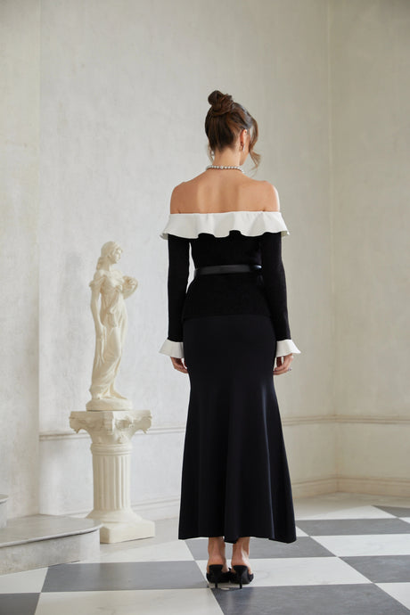 Emma Maxi Dress Black Ruffled Trim Knit