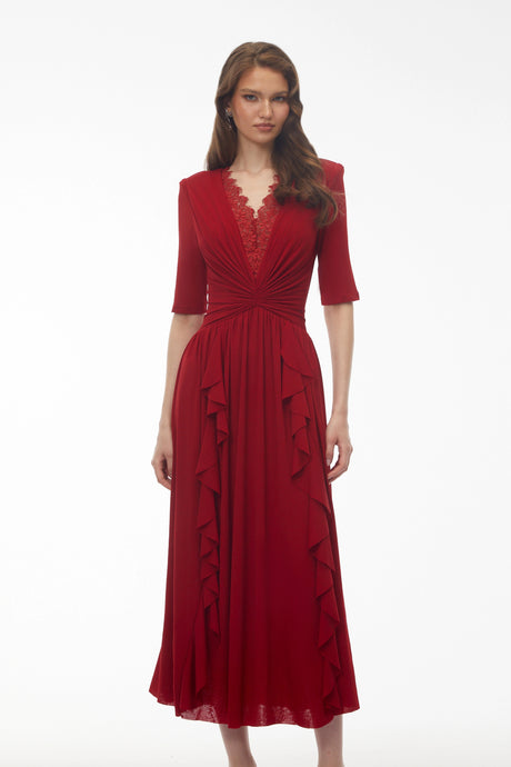 Melissa Midi Dress Red V-Neck Ruched with Half Sleeves